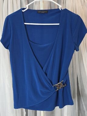 #258 American City Wear Royal Blue Faux-Wrap Short Sleeve Top with Silver Buckle